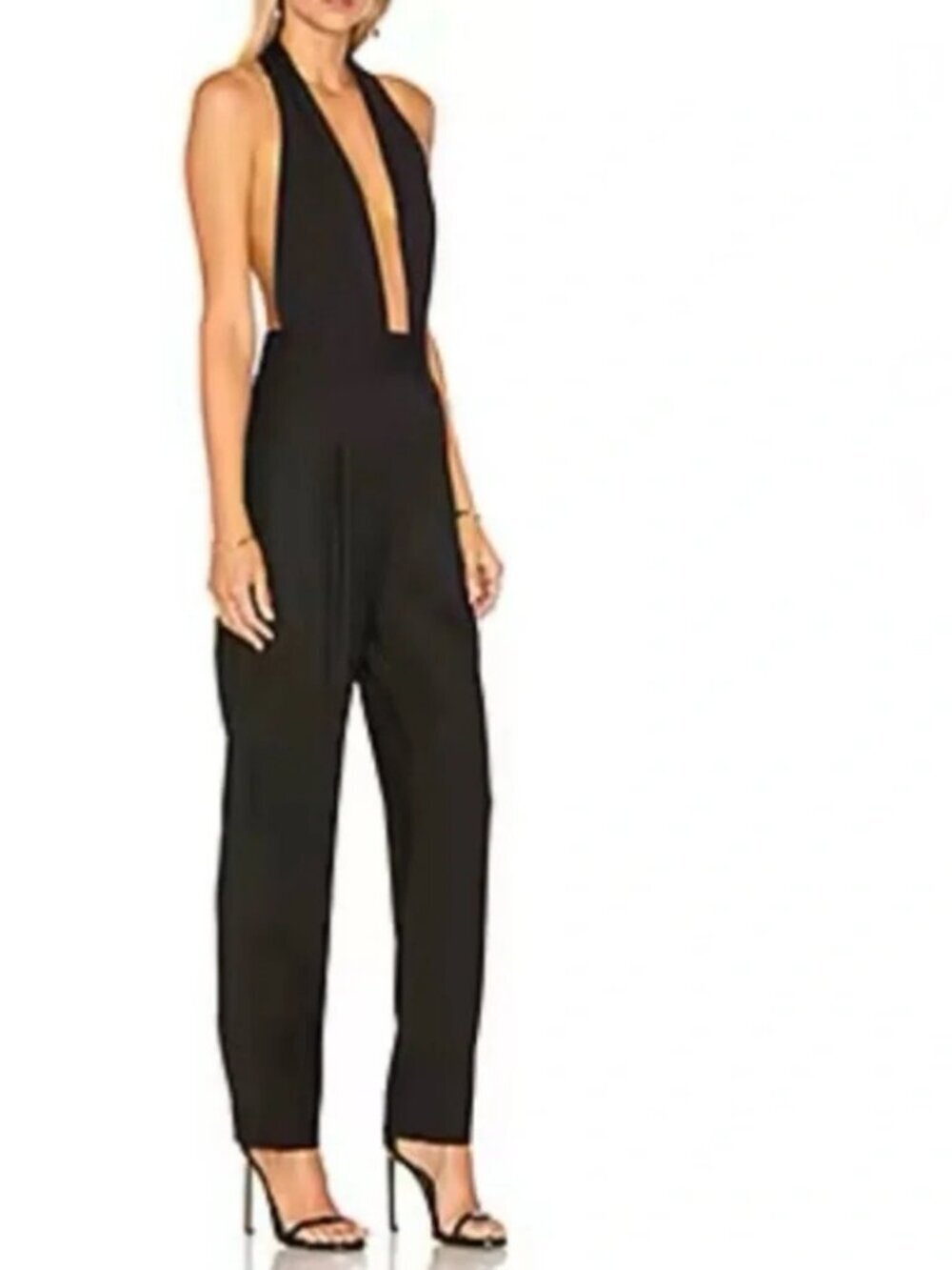 Milly Wool Gabardine Plunge Halter Open Back Jumpsuit Black Minimalist Glam 4